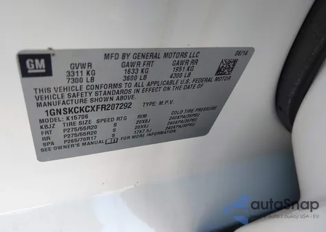 2015 Chevrolet Tahoe Ltz from USA, damaged, VIN 1GNSKCKCXFR207292